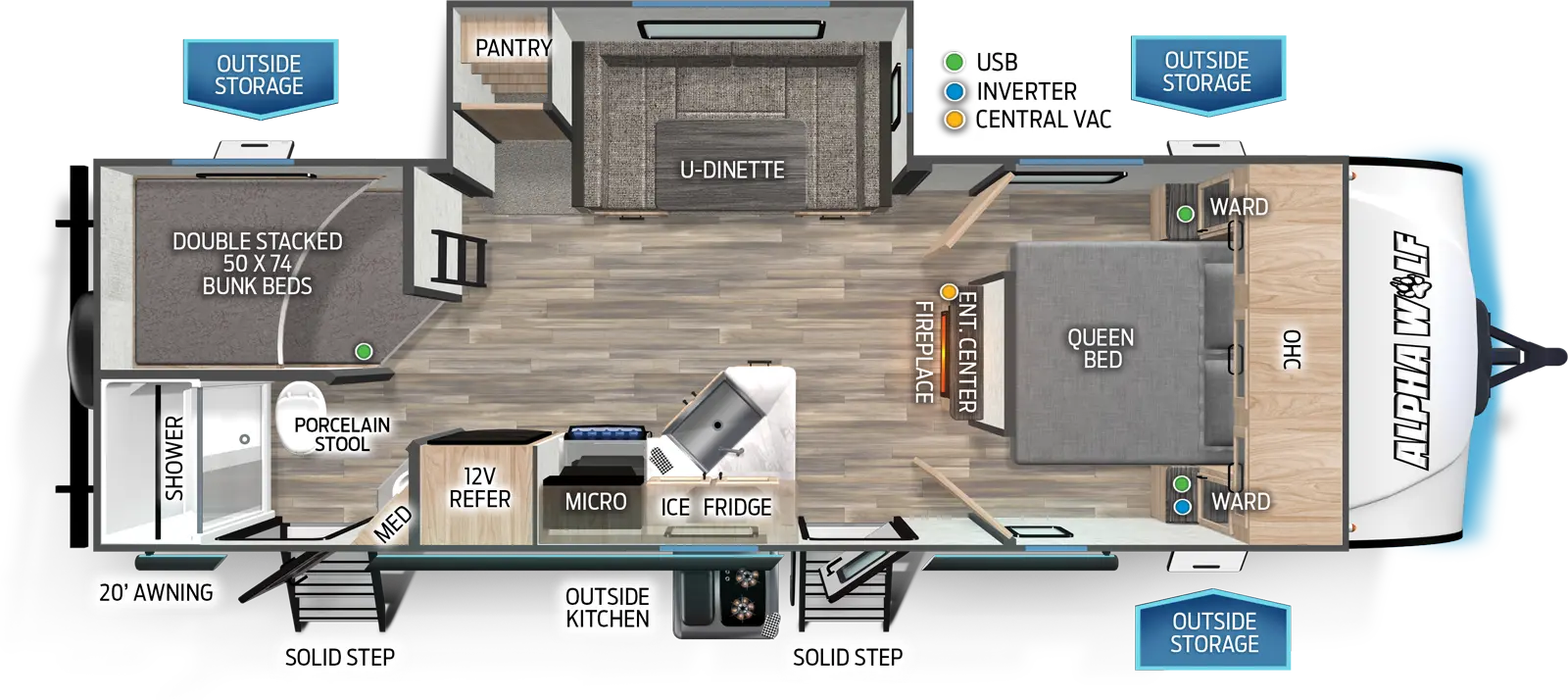 The 23DBH-L has one slideout and two entries. Exterior features a 20 foot awning, SolidStep entries, outside storage, and outside kitchen with ice maker and refrigerator. Interior layout front to the back: foot facing queen bed with overhead cabinet and wardrobes on each side; entertainment center with fireplace below along inner wall; off-door side slideout with u-dinette and pantry; door side entry, peninsula kitchen with sink, overhead cabinet, microwave, cooktop, and 12 volt refrigerator; rear off-door side double stacked bunk beds; rear door side full bathroom with medicine cabinet, porcelain stool, and second entry.