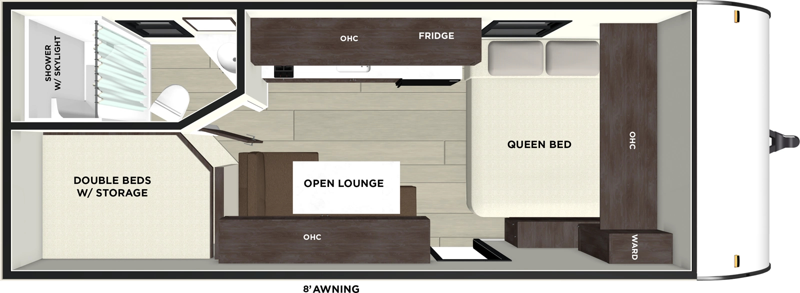 The Evo 174DBLE floorplan has one entry and zero slide outs. Exterior features include: metal exterior. Interiors features include: bunk beds and front bedroom.