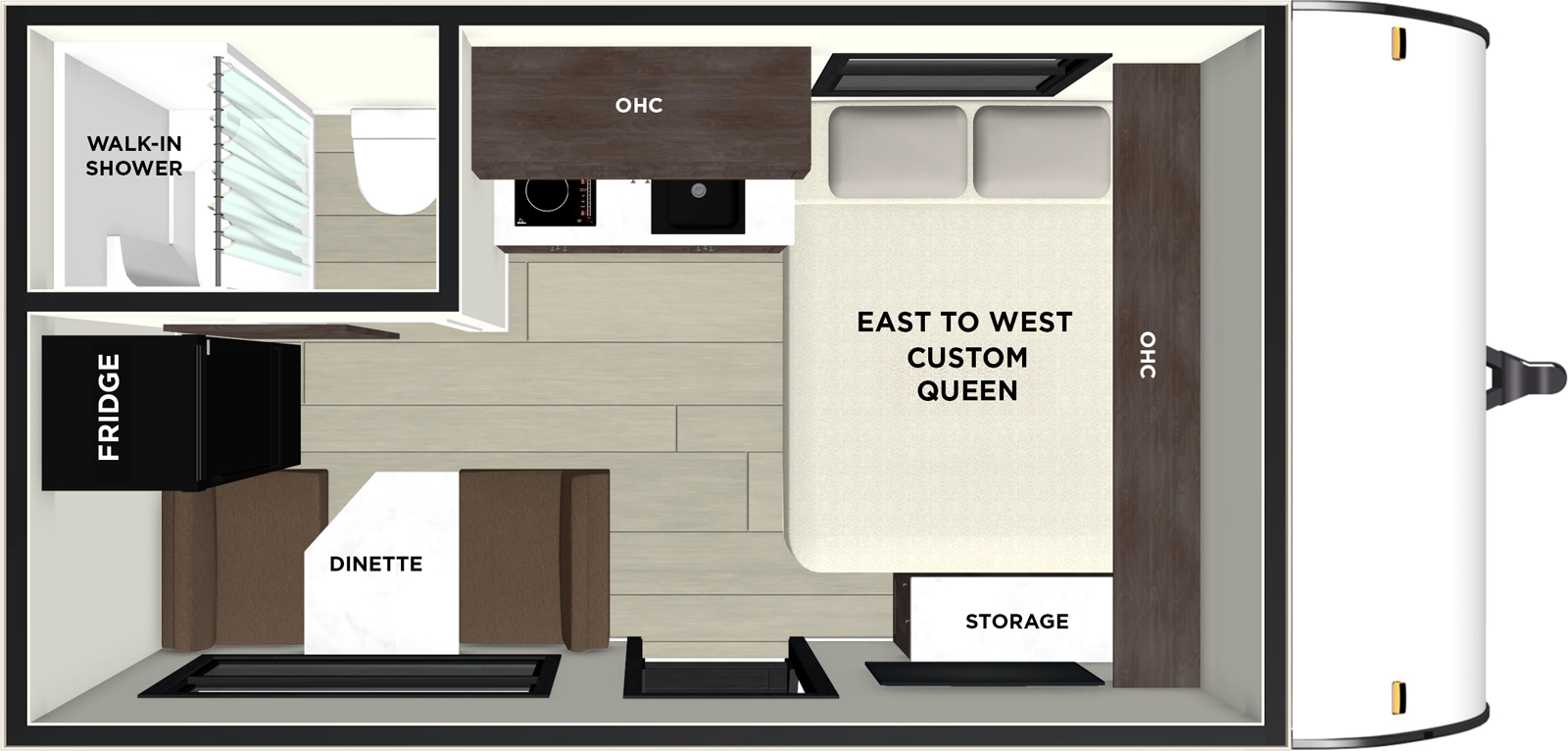 The Evo 135ICE floorplan has one entry and zero slide outs. Exterior features include: metal exterior. Interiors features include: front bedroom.