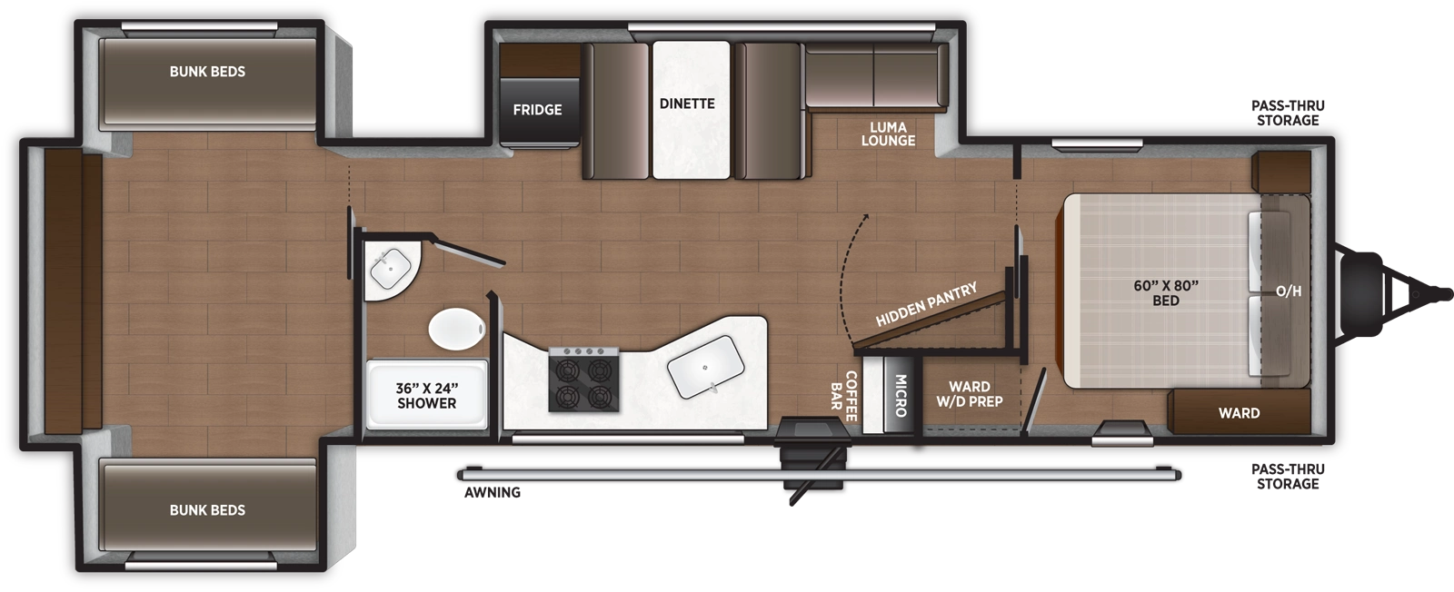 The Airelume 315 floorplan has one entry and three slide outs. Exterior features include: metal exterior and 18' awning. Interiors features include: bunk beds and front bedroom.